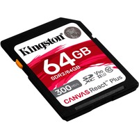 Kingston Canvas React Plus 64 GB SD UHS-II Klasse 10, Hukommelseskort Sort, 64 GB, SD, Klasse 10, UHS-II, 300 MB/s, 260 MB/s